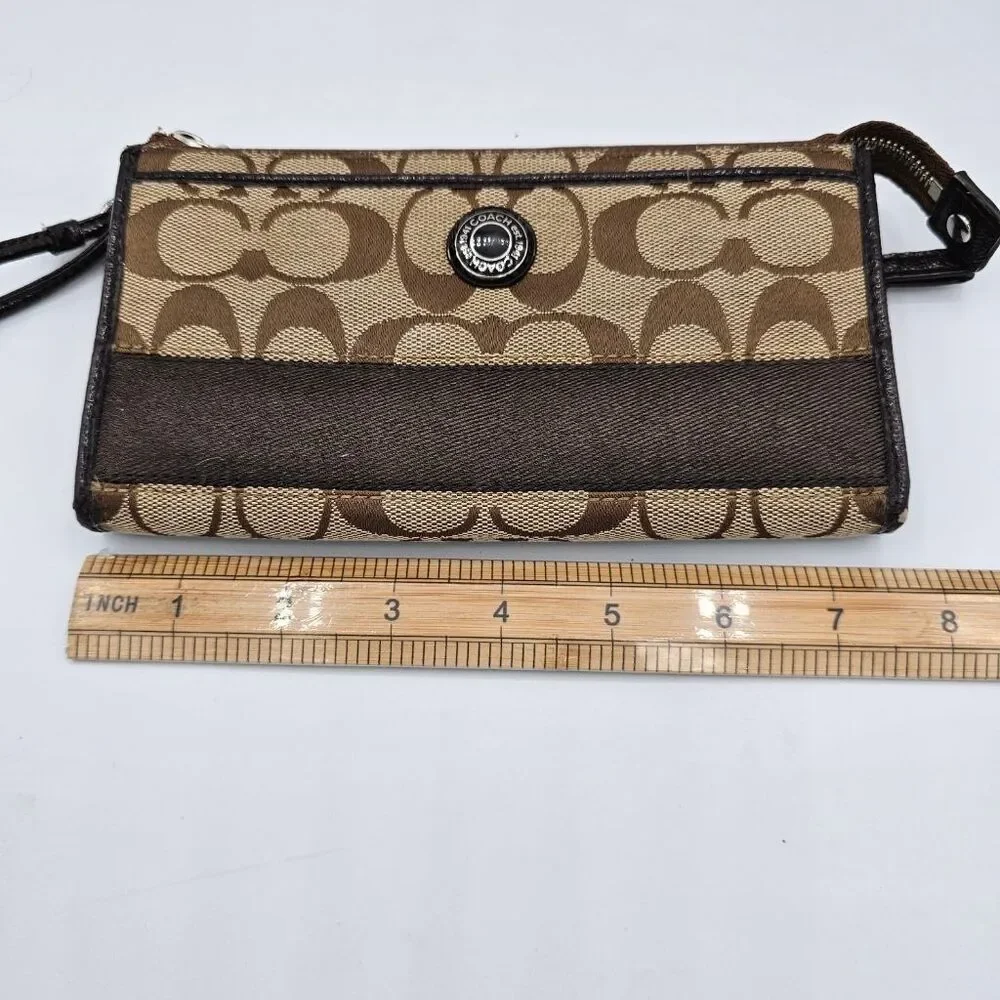 Coach Signature Jacquard Wristlet Wallet Khaki Brown Zip Clutch Leather Trim